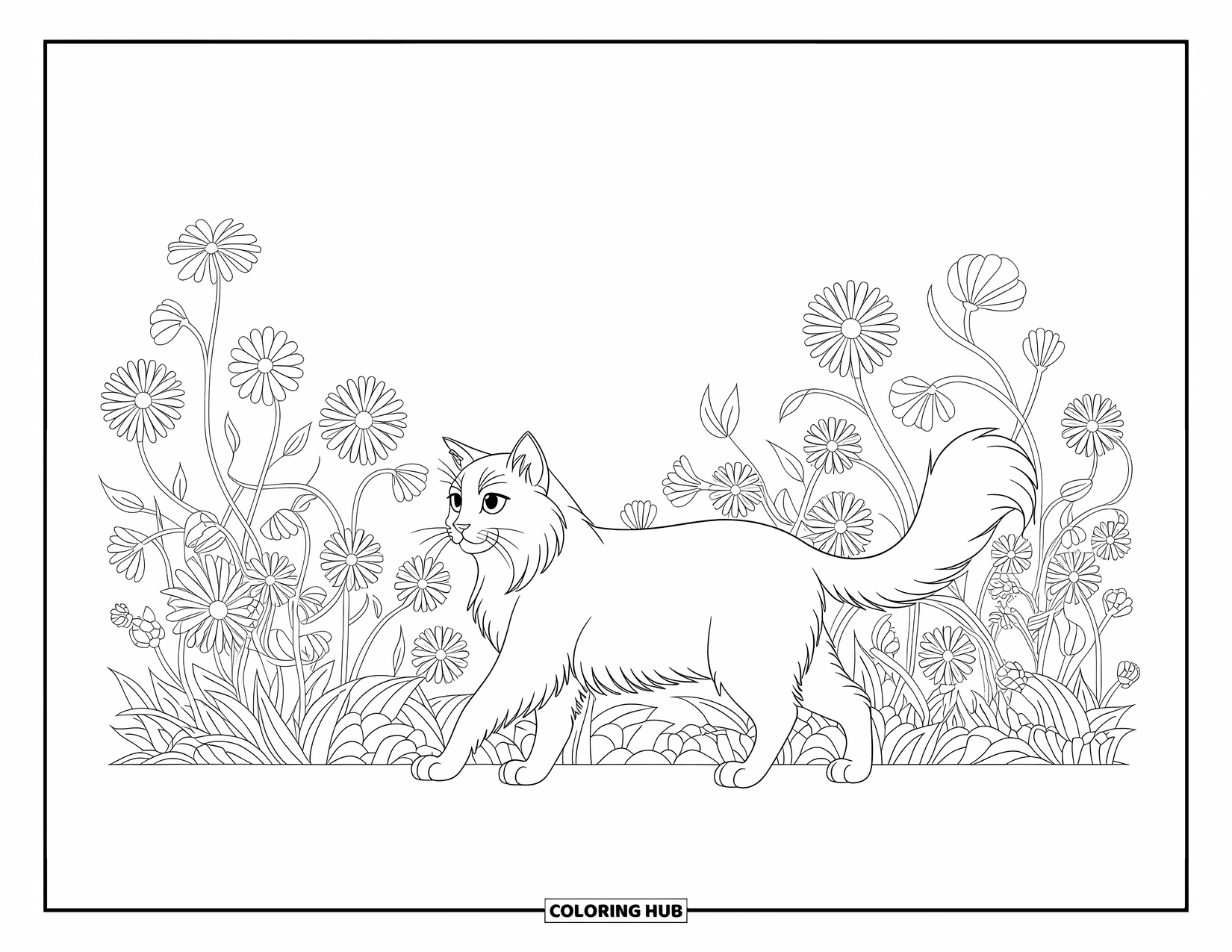 Kleurplaat Kat voor Kinderen: Een langharige kat beweegt zich door een levendige tuin, zijn silhouet omlijst door dynamische bloempatronen