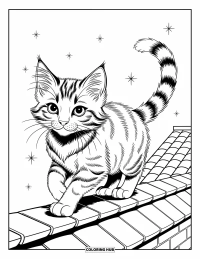 Cat Coloring Page for Kids: A long-haired kitten walks along a rooftop edge, its gaze steady in a modern, expressive style