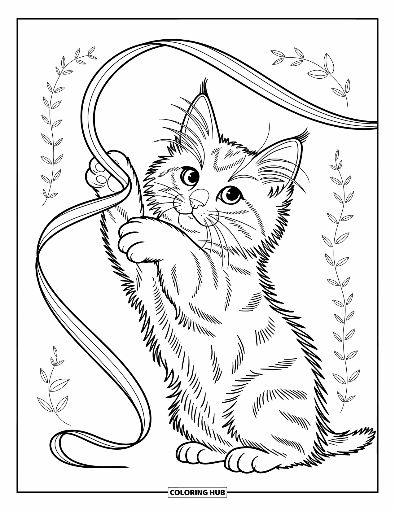 Kleurplaat Kat voor Kinderen: Een Maine Coon-kitten strekt zijn poten naar een speels lint in een energieke scène