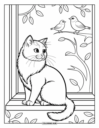 Cat Coloring Page for Kids: A Persian cat gazes at playful birds perched on a branch just outside the window