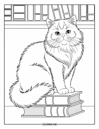 Cat Coloring Page for Kids: A Persian cat sits atop a bookshelf, surrounded by the intricate spines of old, beautifully detailed books