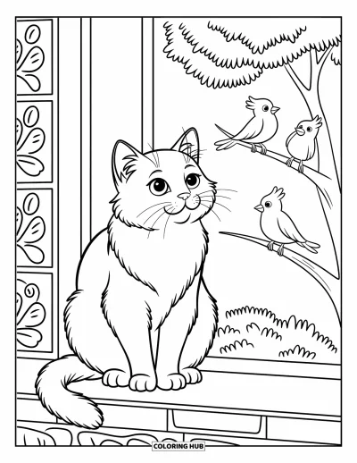 Cat Coloring Page for Kids: A Persian cat sits on a windowsill, its curious eyes fixed on birds outside