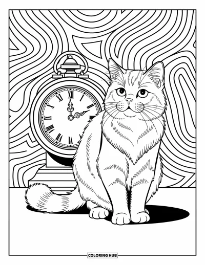 Cat Coloring Page for Kids: A Persian cat stands gracefully beside an ornate clock, its fur flowing in bold, expressive lines