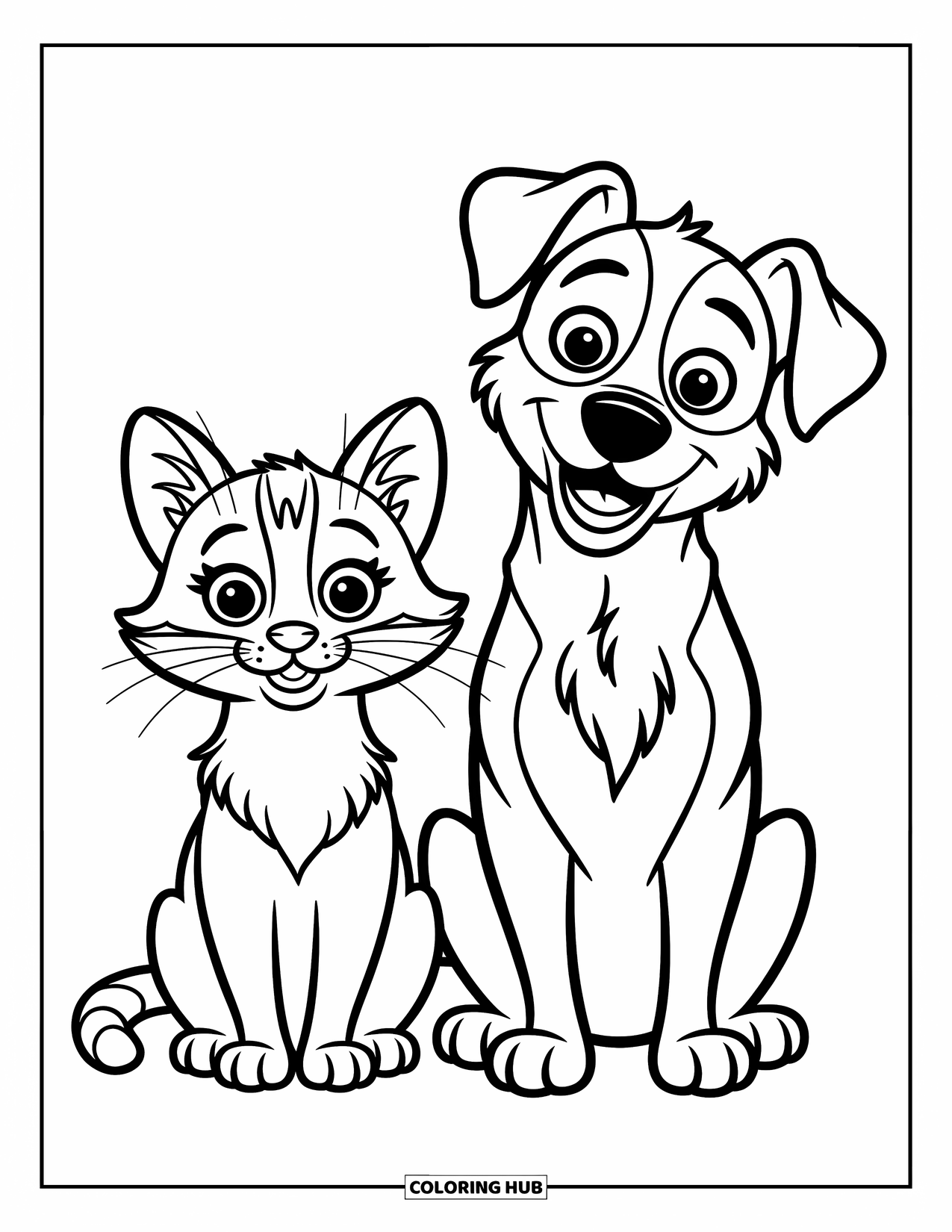 Kleurplaat Kat voor Kinderen: Een speelse kat en een vrolijke hond zitten samen, hun ogen gevuld met nieuwsgierigheid en warmte
