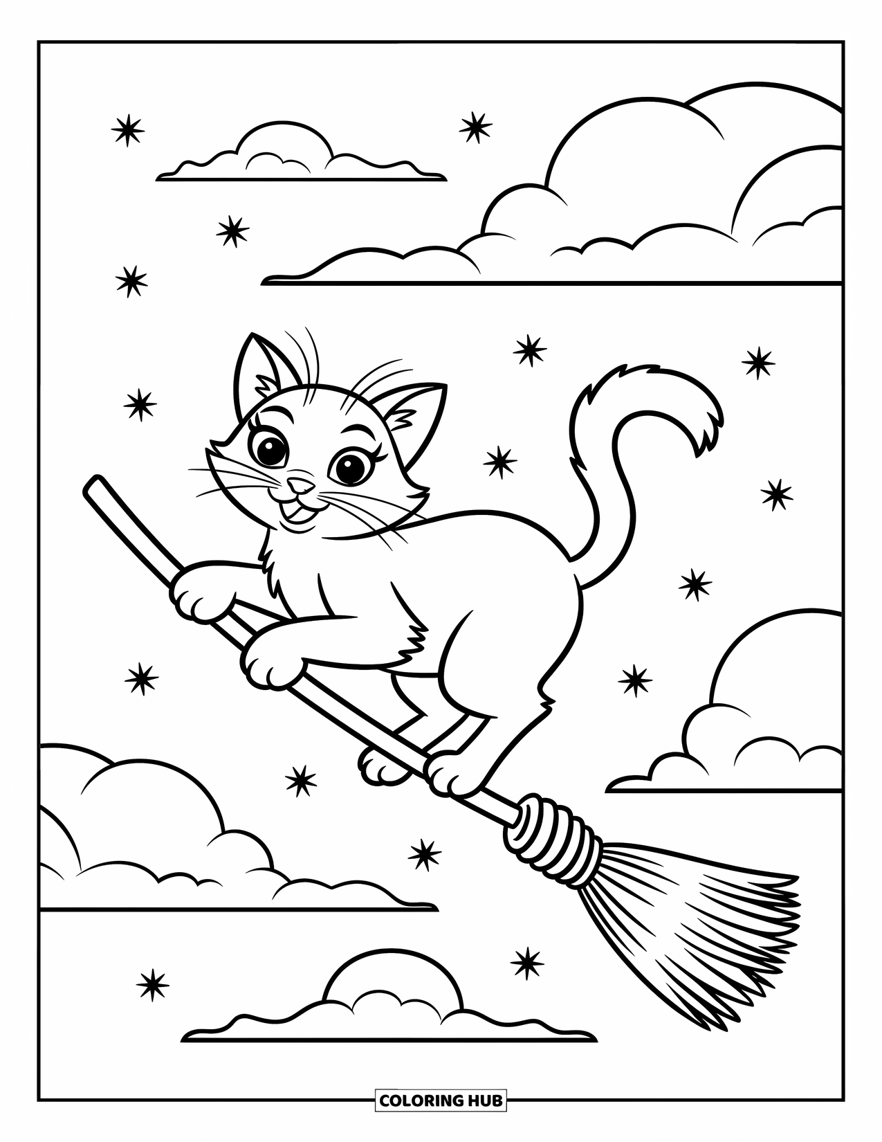 Kleurplaat Kat voor Kinderen: Een speelse kat balanceert op een bezemsteel, omringd door wervelende sterren en een gevoel van magisch avontuur