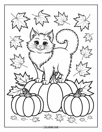 Cat Coloring Page for Kids: A playful cat perches on pumpkins, with crisp autumn leaves floating around in a dynamic composition