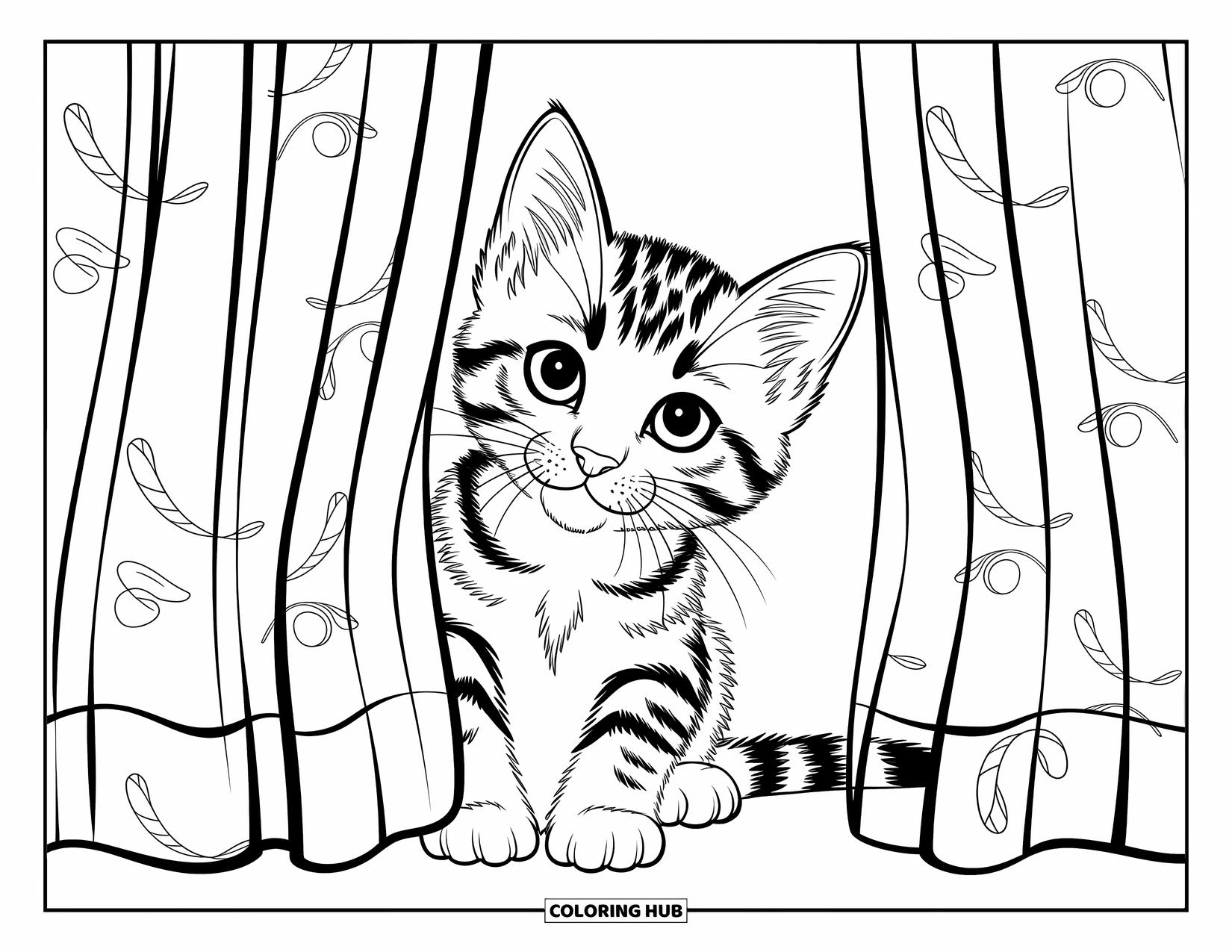 Kleurplaat Kat voor Kinderen: Een speels kitten verstopt zich achter een gordijn, zijn kleine snorharen trillen van opwinding