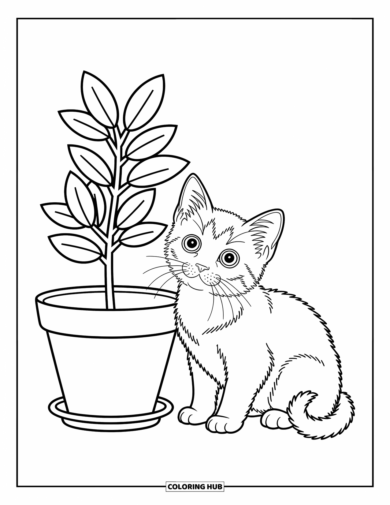Kleurplaat Kat voor Kinderen: Een speels kitten leunt naar een potplant, zijn grote ogen vol nieuwsgierigheid