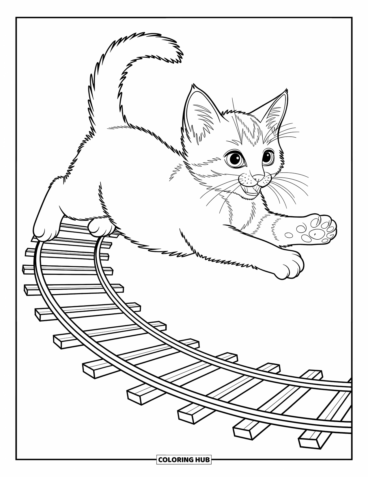 Kleurplaat Kat voor Kinderen: Een speels kitten springt over een speelgoedtreinbaan, zijn pootjes in de lucht van opwinding