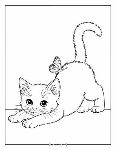 Cat Coloring Page for Kids: A playful kitten lounges on a pillow, its eyes gleaming with curiosity