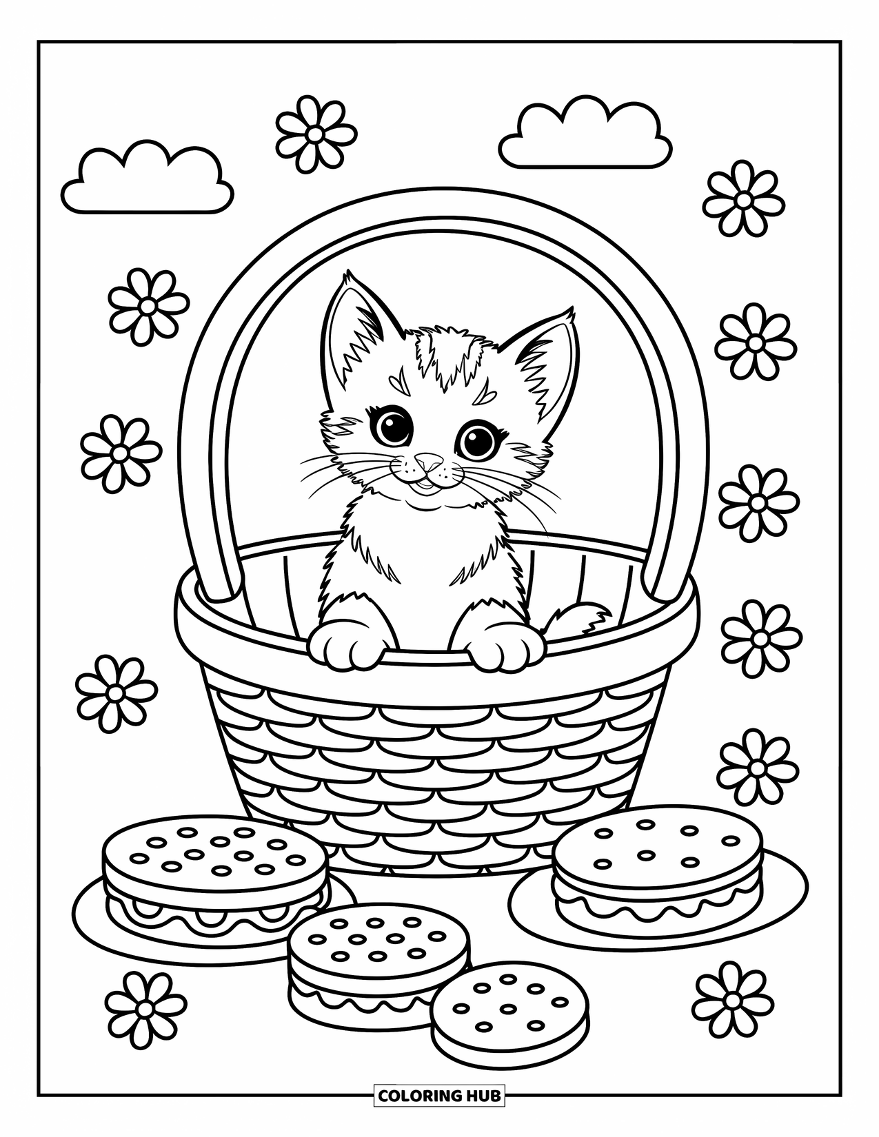 Kleurplaat Kat voor Kinderen: Een speels kitten piept uit een open picknickmand, omringd door koekjes en vers fruit