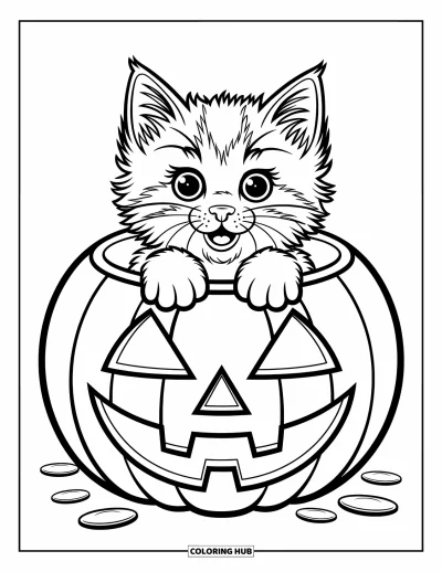 Cat Coloring Page for Kids: A playful kitten pops out of a pumpkin, its tiny paws resting on the rim