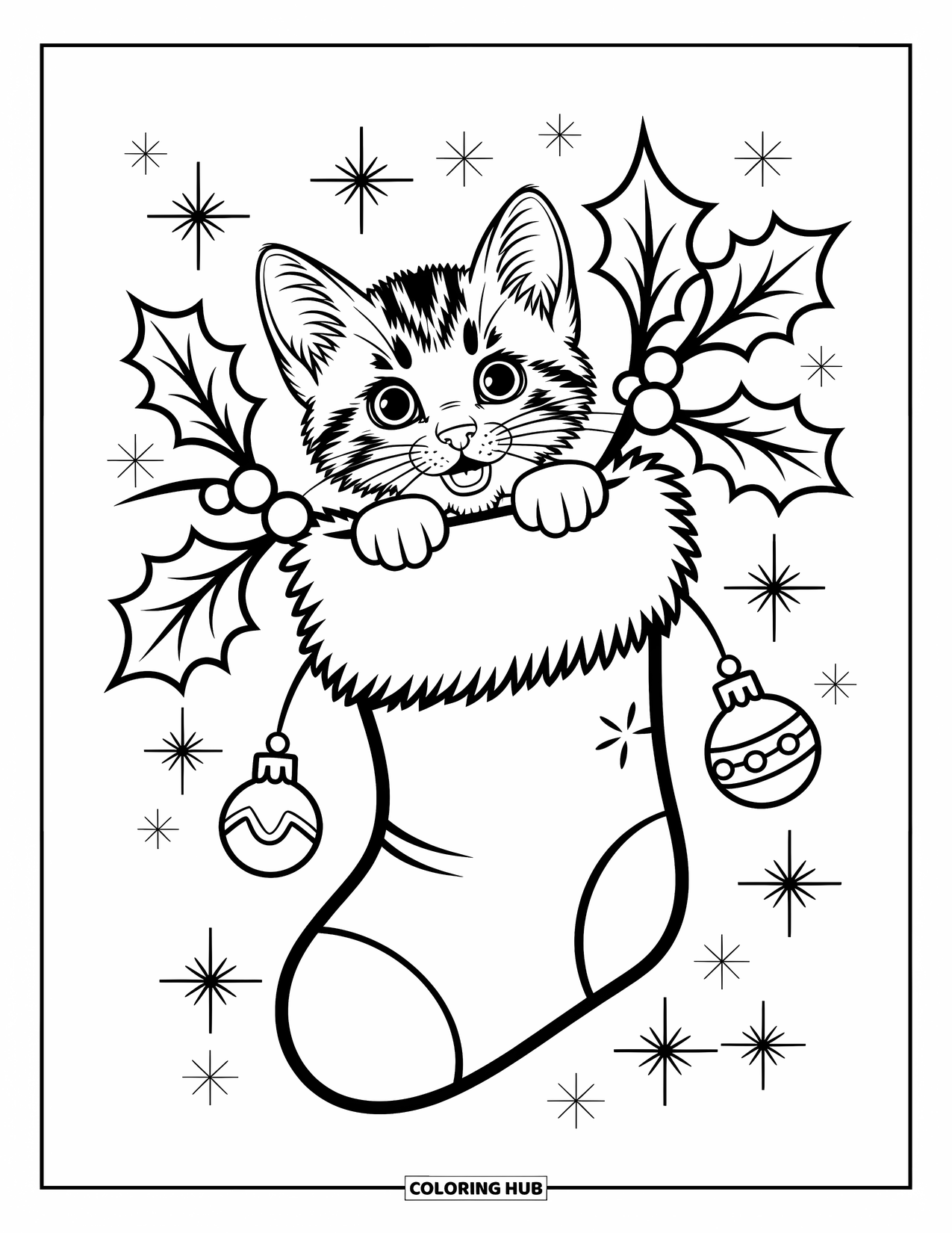Kleurplaat Kat voor Kinderen: Een speels kitten rust in een kerstsok, omlijst door delicate sneeuwvlokken en grillige ornamenten