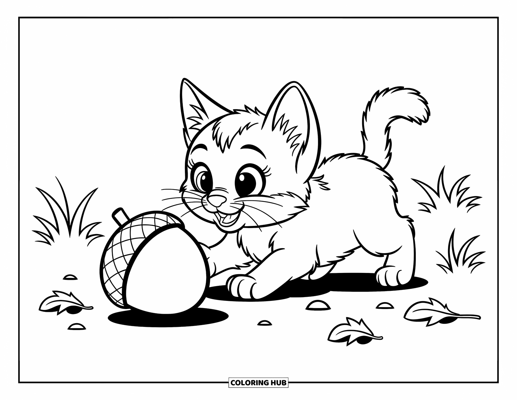Kleurplaat Kat voor Kinderen: Een speels kitten rolt een grote eikel, omringd door plukjes gras en verspreide herfstbladeren