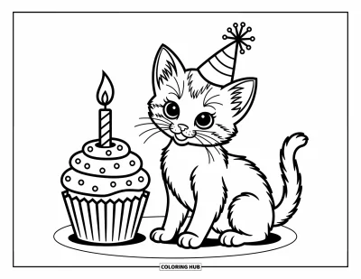 Cat Coloring Page for Kids: A playful kitten sits beside a cupcake, its party hat tilted slightly