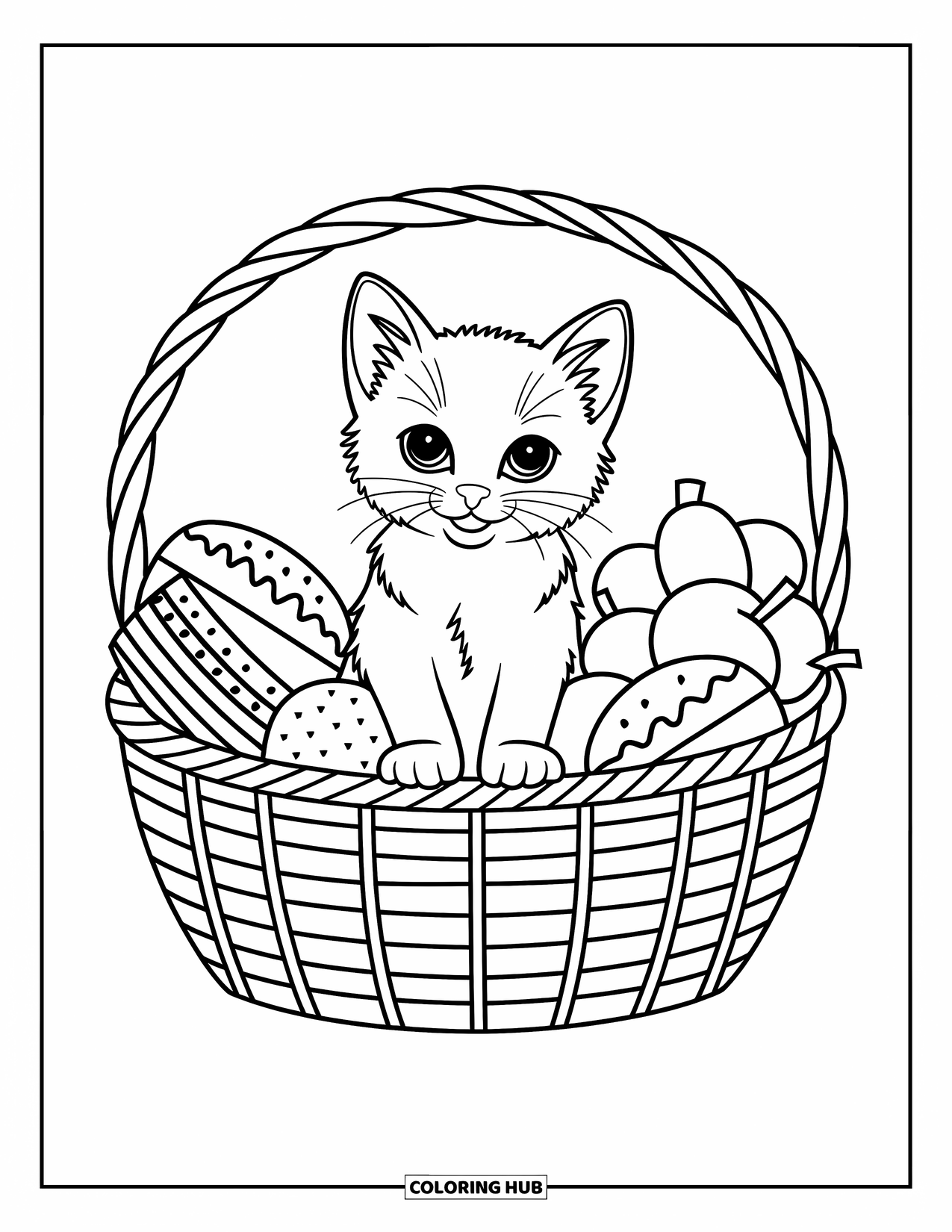 Kleurplaat Kat voor Kinderen: Een speels kitten paradeert langs een houten hek, met vlinders en wilde bloemen die in de buurt dansen