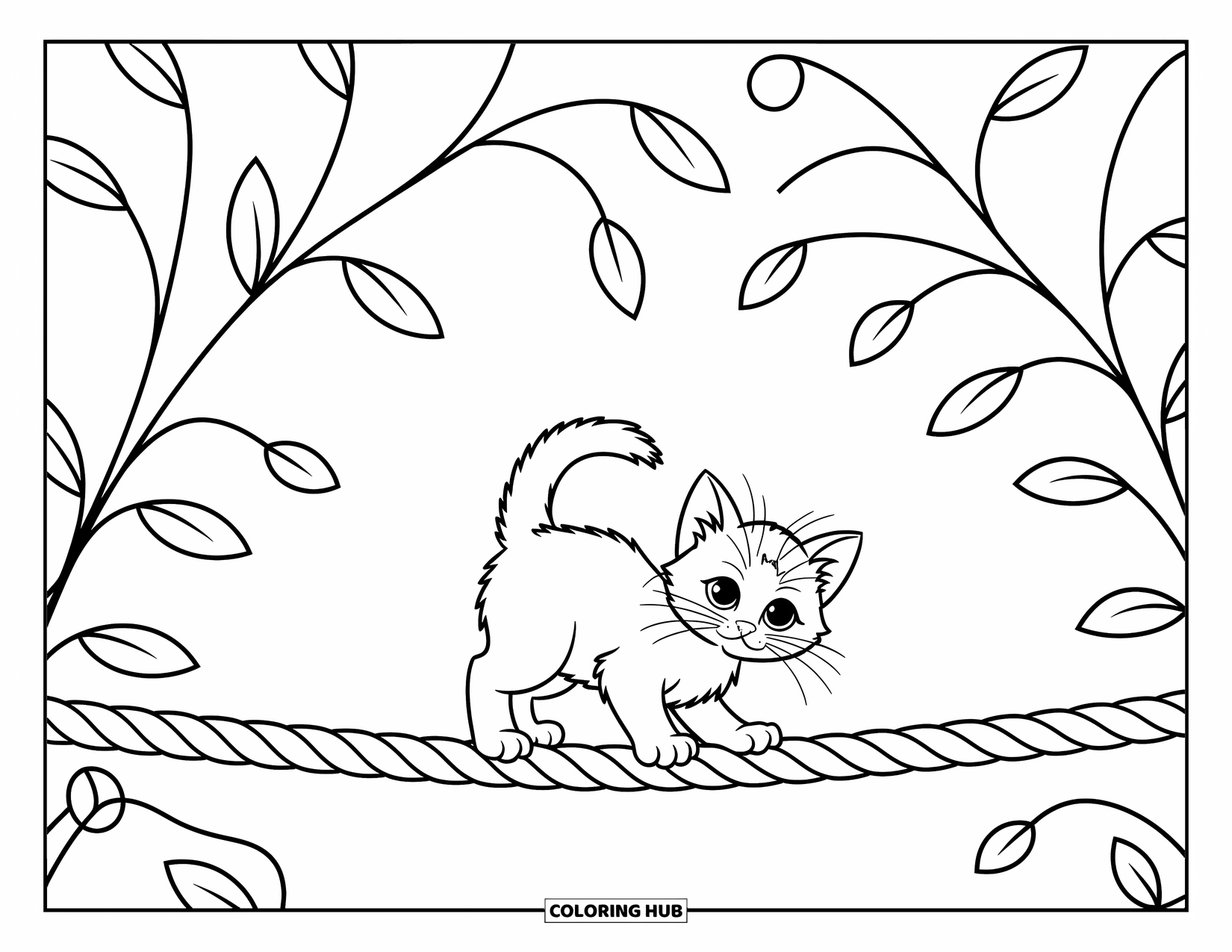 Kleurplaat Kat voor Kinderen: Een speelse kitten balanceert op een touw, omringd door wervelende wijnranken en moderne, boeiende patronen