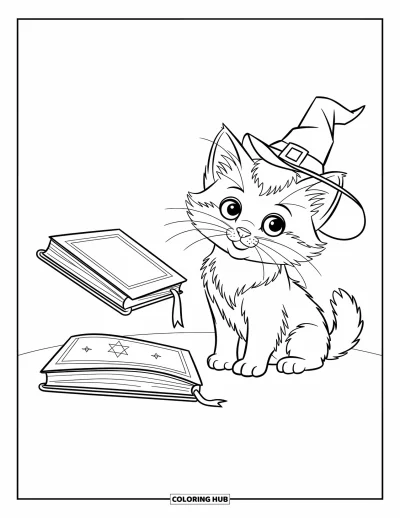 Cat Coloring Page for Kids: A playful kitten with a wizard hat sits next to a floating book, its eyes filled with wonder