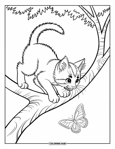 Cat Coloring Page for Kids: A playful tabby kitten balances on a tree branch, gazing at a butterfly below