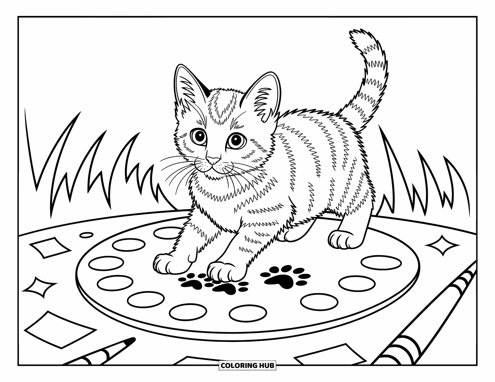 Kleurplaat Kat voor Kinderen: Een speelse cyperse kitten stapt op het palet van een kunstenaar en laat kleine pootafdrukken achter
