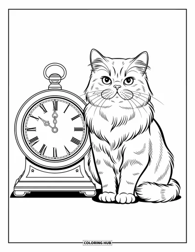 Cat Coloring Page for Kids: A poised Persian cat rests near an elegant clock, framed by delicate and dynamic decorative details