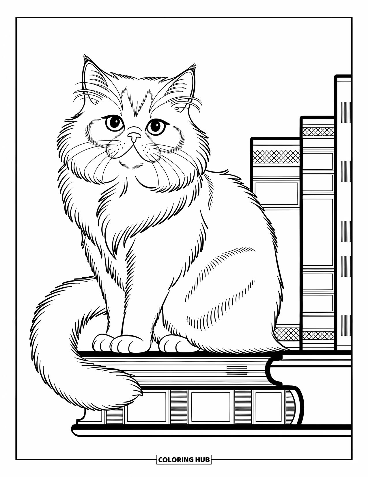 Kleurplaat Kat voor Kinderen: Een statige kat zit op een boekenplank, zijn staart gedrapeerd over vintage boeken in een elegante en expressieve pose