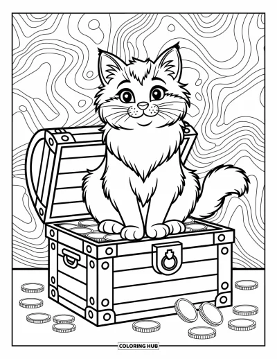 Cat Coloring Page for Kids: A regal cat perches on a treasure chest, surrounded by swirling patterns of adventure and mystery