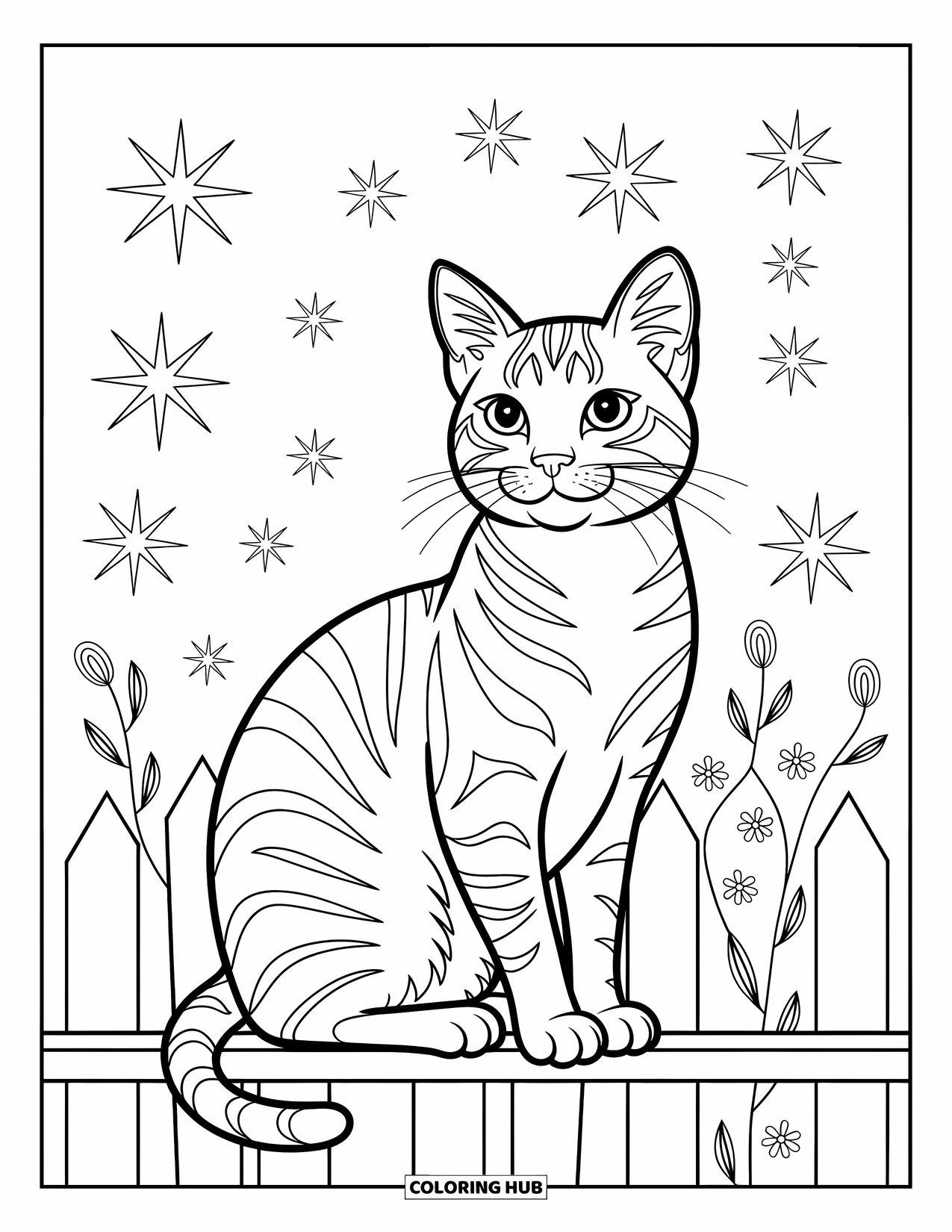 Kleurplaat Kat voor Kinderen: Een statige kat zit op een houten hek, omlijst door delicate sterren en wervelende, expressieve luchtpatronen