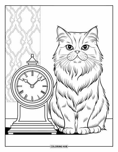 Cat Coloring Page for Kids: A regal Persian cat poses next to a vintage clock, surrounded by intricate swirling patterns