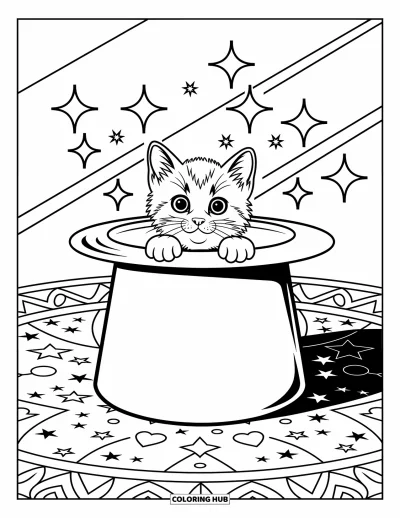 Cat Coloring Page for Kids: A Scottish Fold kitten rests in a magician's hat, surrounded by swirling stars and enchanting details
