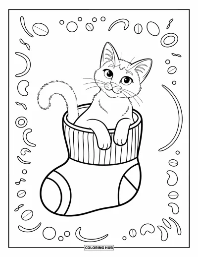 Cat Coloring Page for Kids: A Siamese cat cozily sits inside a big sock, its playful tail sticking out in a fun scene