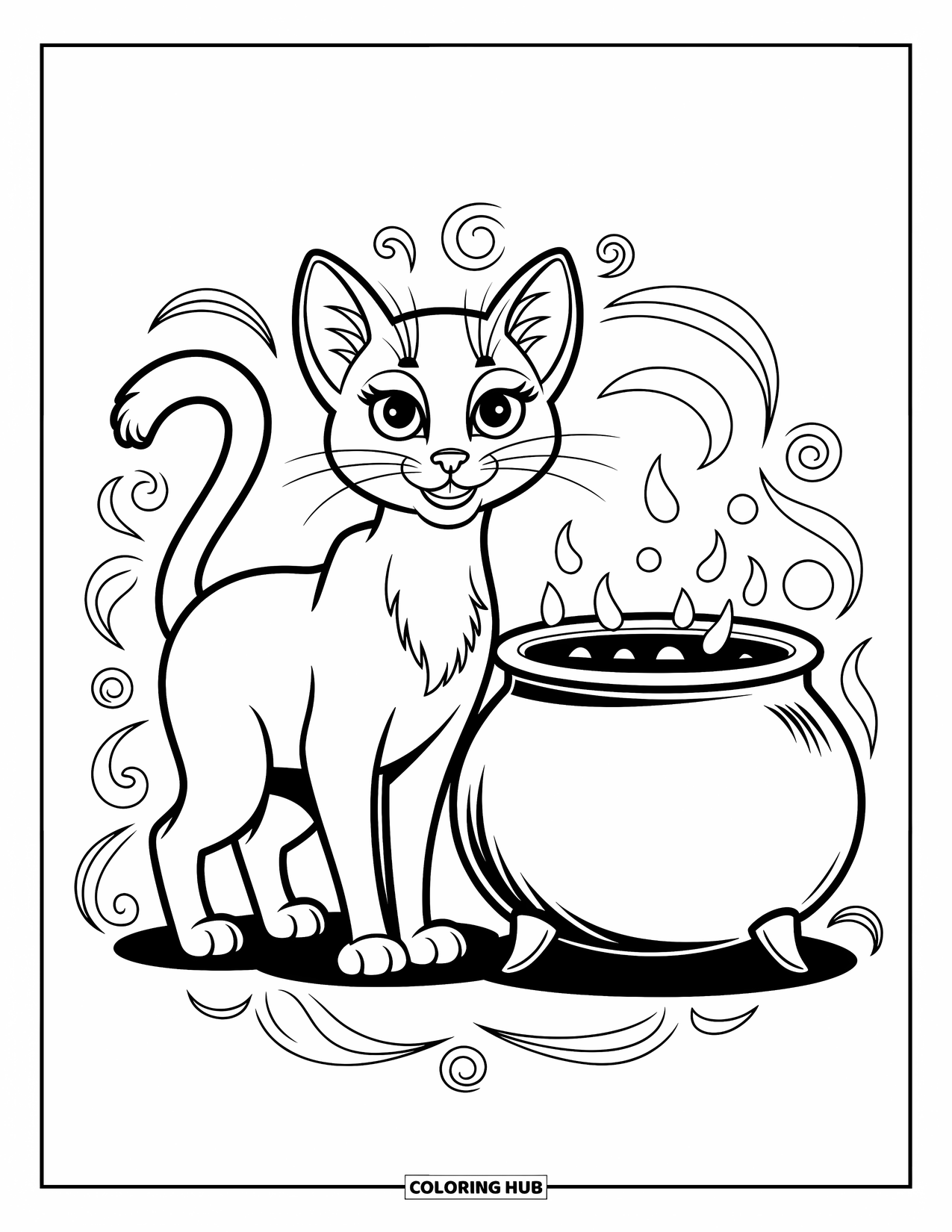 Kleurplaat Kat voor Kinderen: Een slanke kat staat naast een ketel, zijn staart beweegt speels terwijl wervelende patronen charme toevoegen