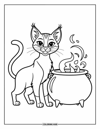 Cat Coloring Page for Kids: A sleek cat watches over a cauldron, its elegant form outlined in crisp, modern, dynamic lines