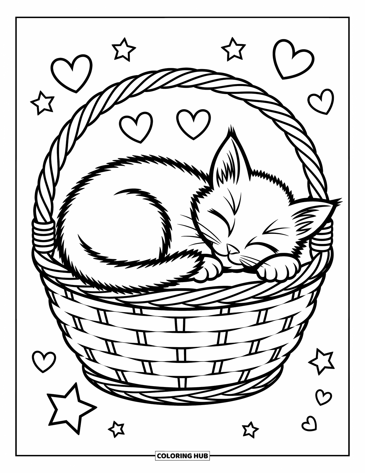 Kleurplaat Kat voor Kinderen: Een slapende kitten krult zich op in een mand, zijn staart om zichzelf gewikkeld