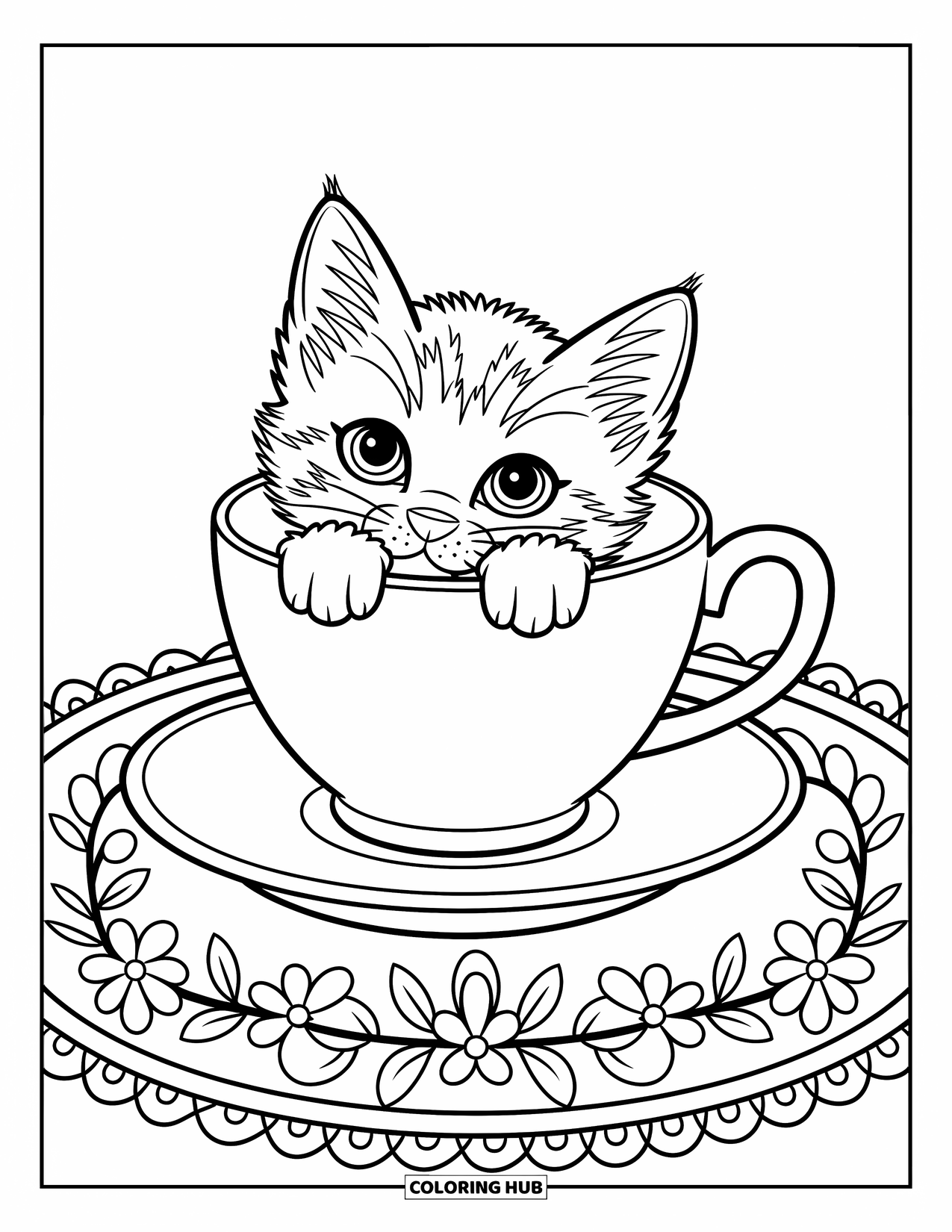 Kleurplaat Kat voor Kinderen: Een slaperig kitten rust in een theekopje, zijn kleine oortjes steken uit