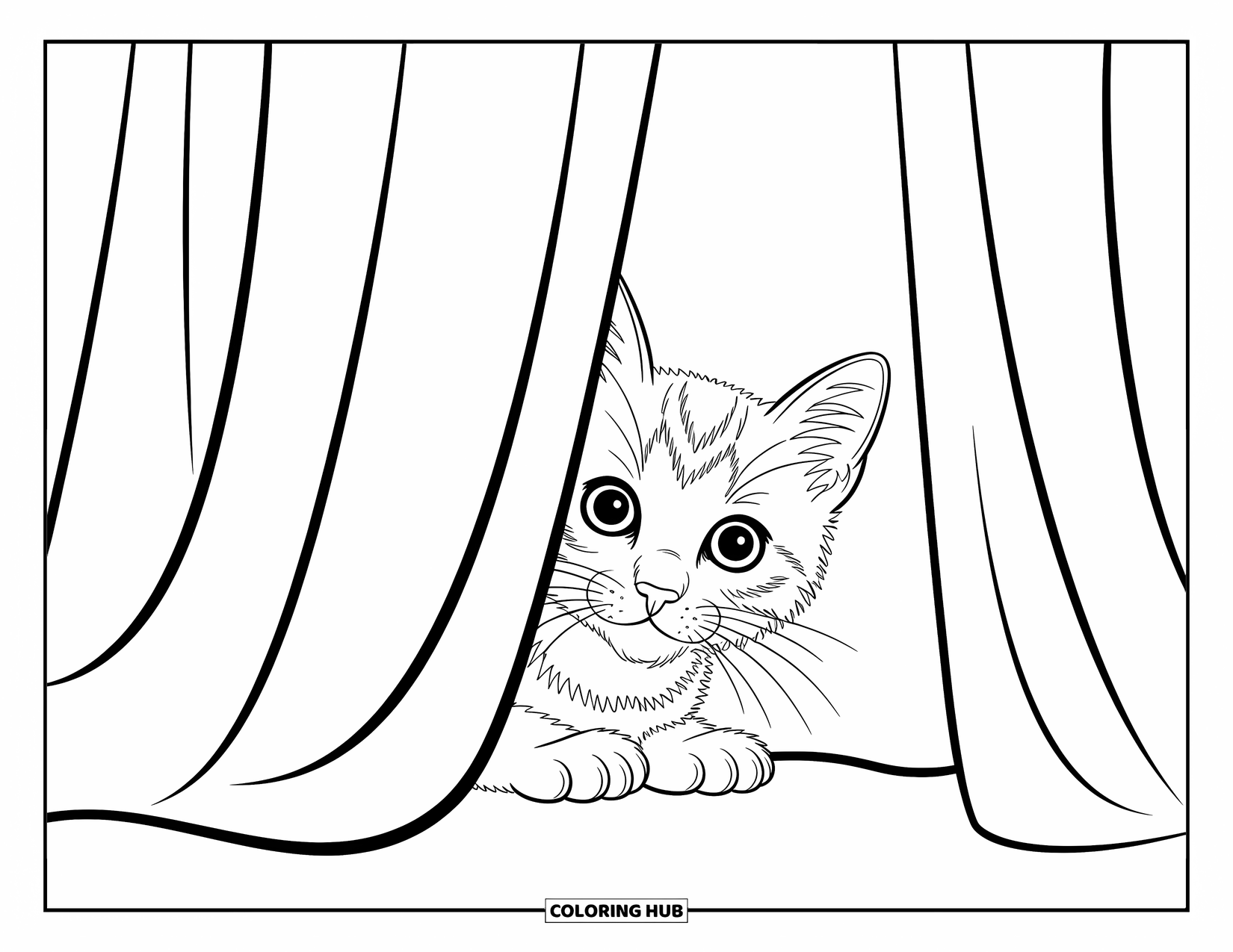 Kleurplaat Kat voor Kinderen: Een cyperse kitten piept vanachter een gordijn, zijn wijde ogen vol nieuwsgierigheid
