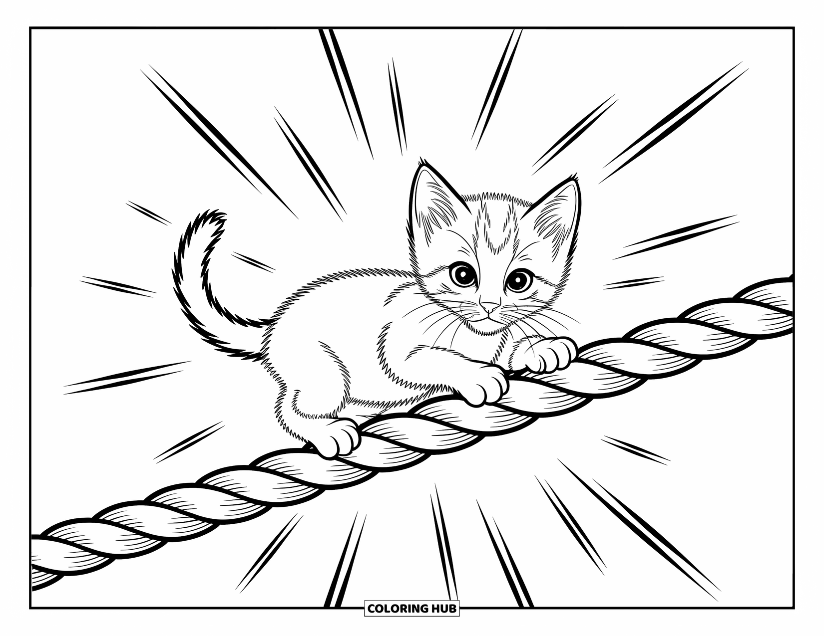 Kleurplaat Kat voor Kinderen: Een klein kitten balanceert op een dik touw en houdt zich stevig vast met zijn pootjes in een dynamische, expressieve scène