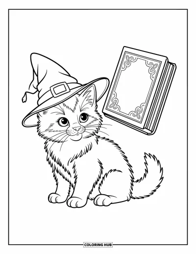 Cat Coloring Page for Kids: A tiny kitten dons a wizard hat, gazing at a floating magic book with curiosity