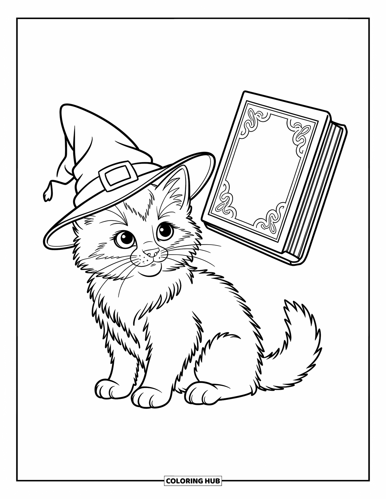 Kleurplaat Kat voor Kinderen: Een kleine kitten zet een tovenaars hoed op en kijkt met nieuwsgierigheid naar een zwevend magisch boek