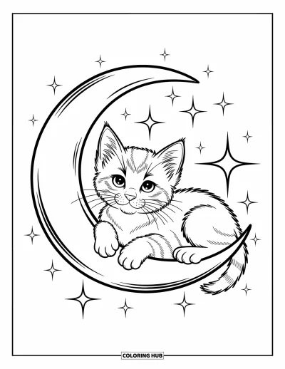 Cat Coloring Page for Kids: A tiny kitten dozes atop a crescent moon, with soft, glowing stars creating a magical nighttime atmosphere