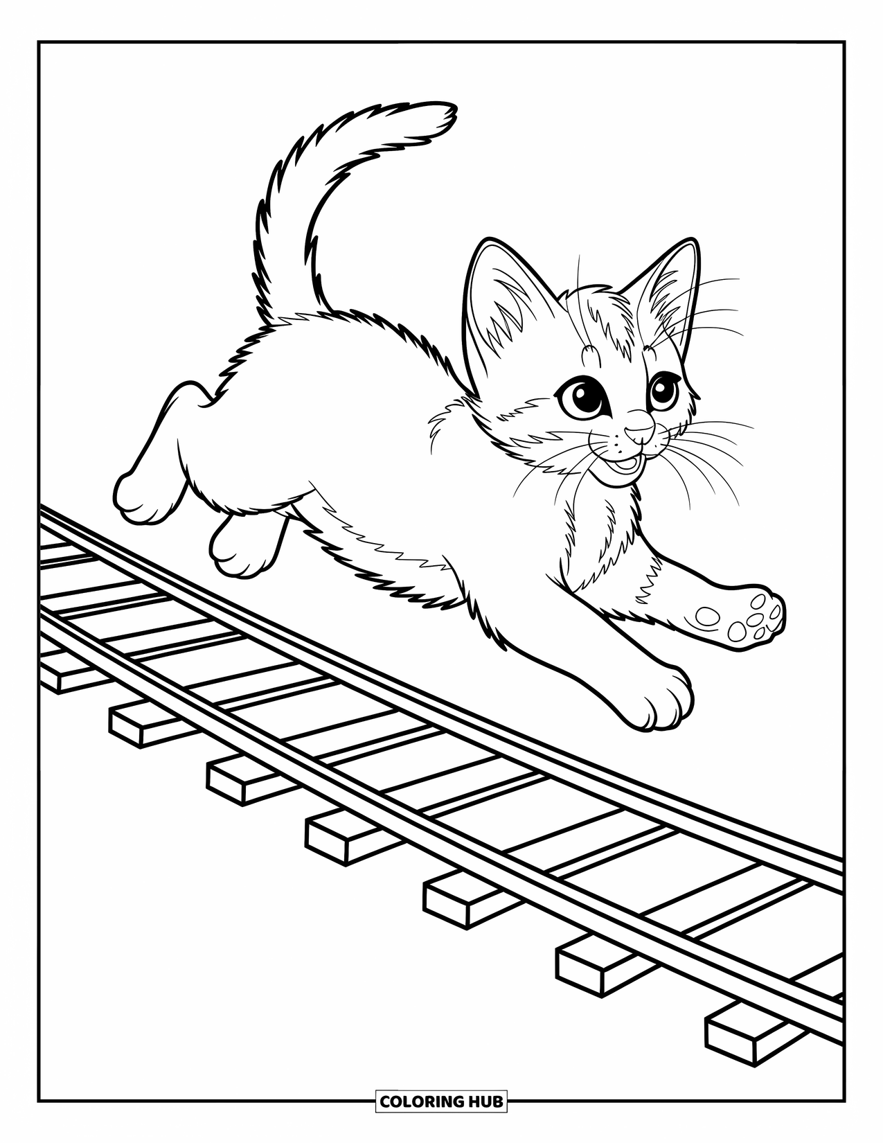 Kleurplaat Kat voor Kinderen: Een klein kitten springt over een kronkelende treinbaan, zijn pluizige staart speels gebogen