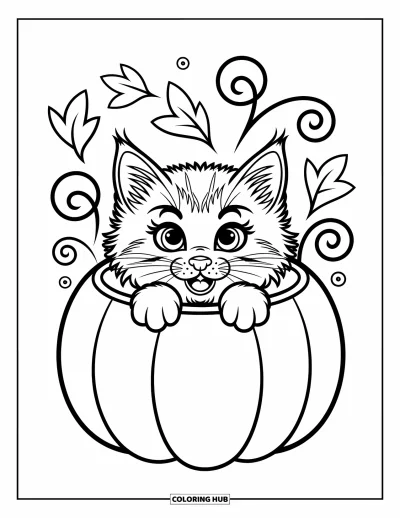 Cat Coloring Page for Kids: A tiny kitten peeks from a carved pumpkin, its whiskers twitching with curiosity