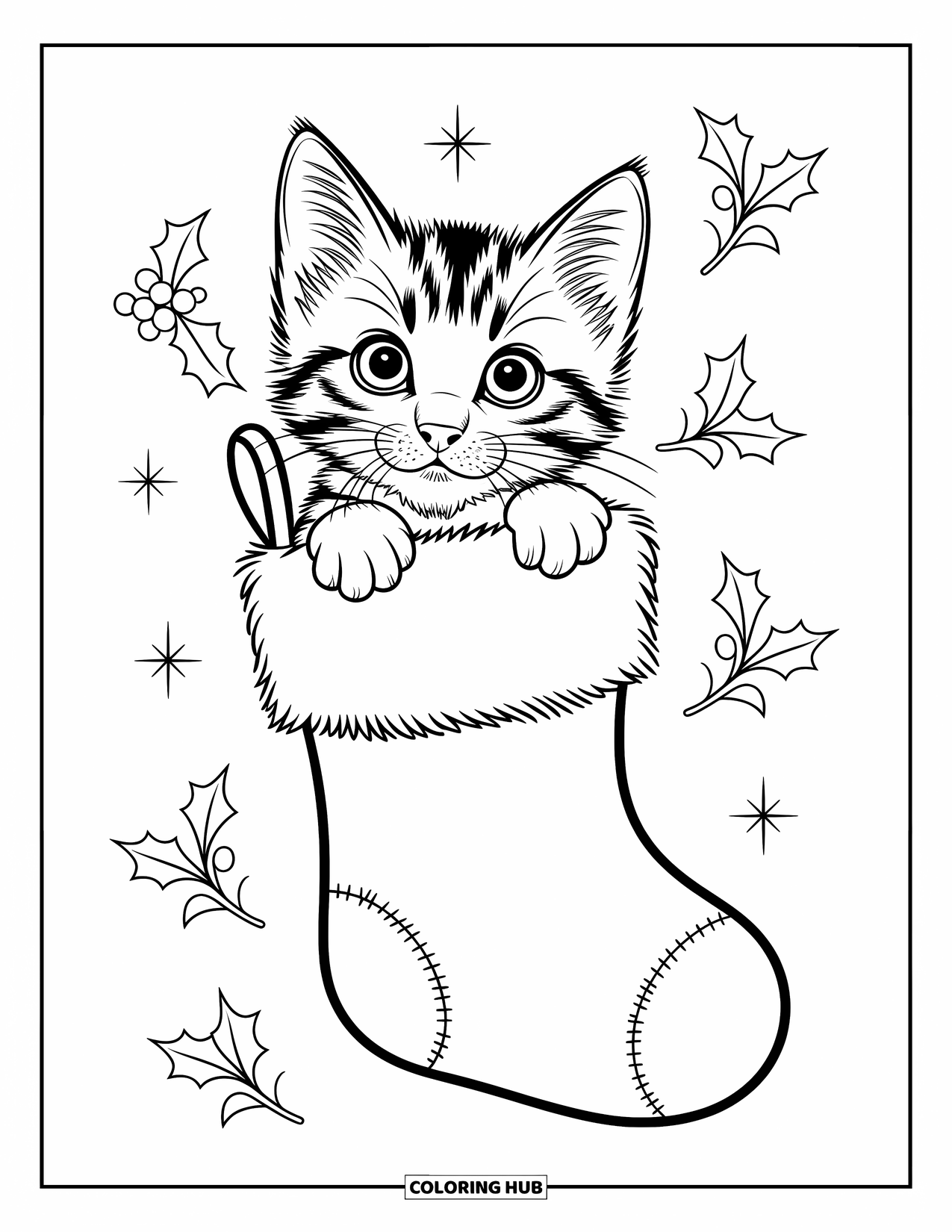 Kleurplaat Kat voor Kinderen: Een kleine kitten gluurt uit een kerstkous, omringd door feestelijke sterren en wervelende winterpatronen