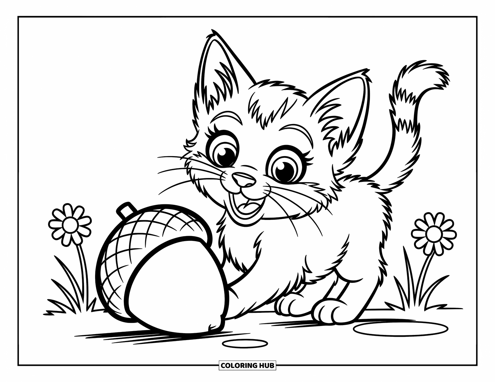 Kleurplaat Kat voor Kinderen: Een klein kitten speelt met een rollende eikel, omlijst door eenvoudige grassprieten en gevallen bladeren