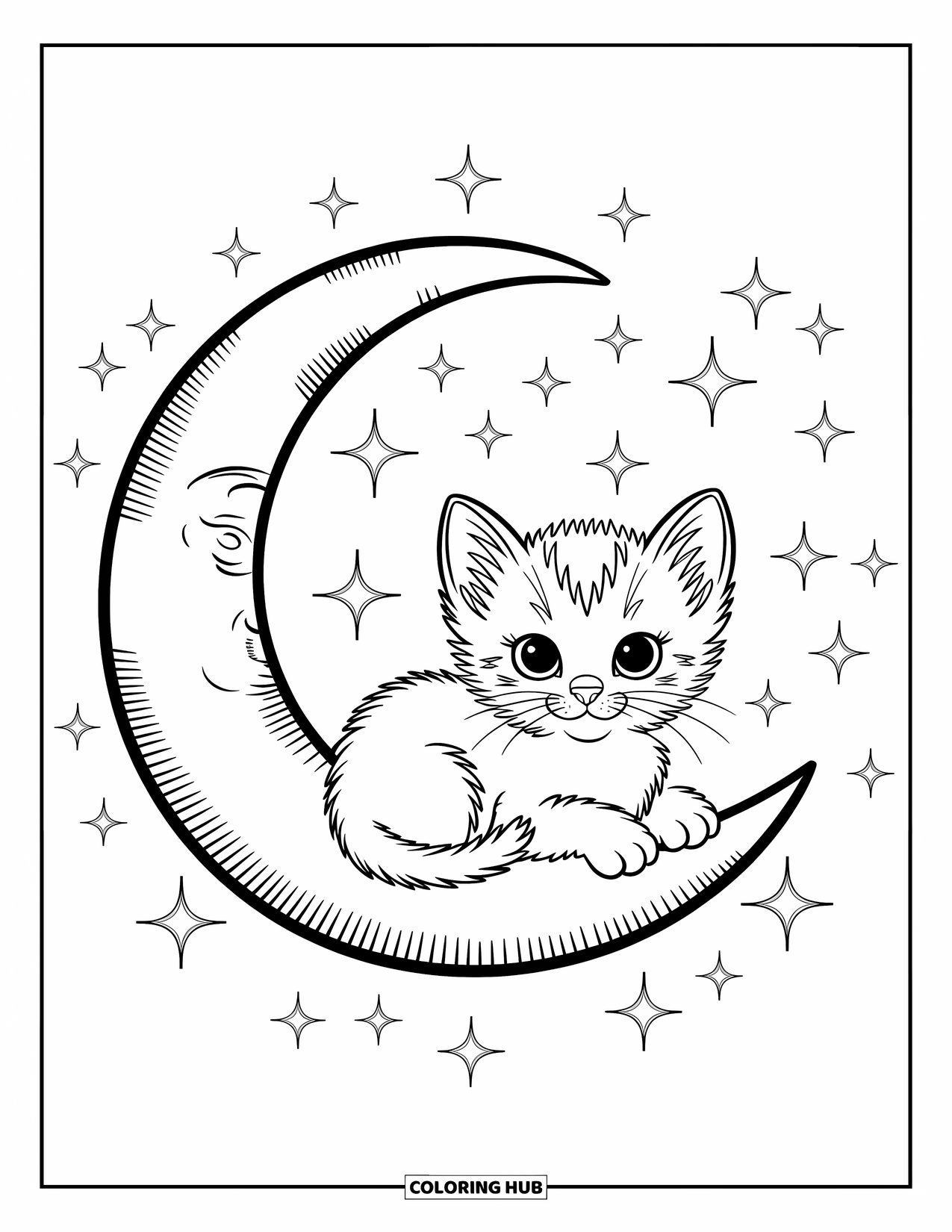 Kleurplaat Kat voor Kinderen: Een klein kitten rust vredig op een halve maan, omringd door gloeiende sterren en een dromerige nachthemel