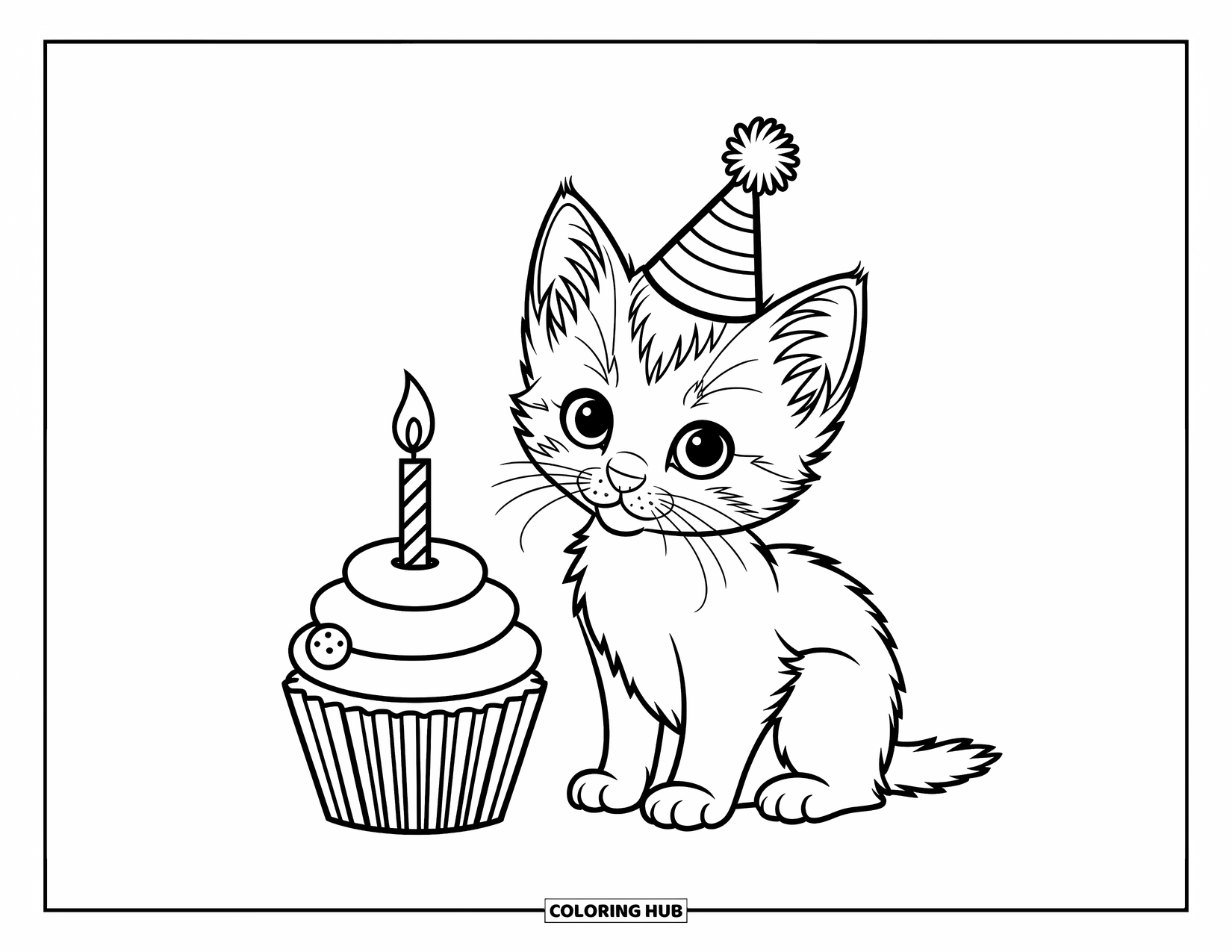 Kleurplaat Kat voor Kinderen: Een klein kitten zit naast een cupcake, met een klein feesthoedje op