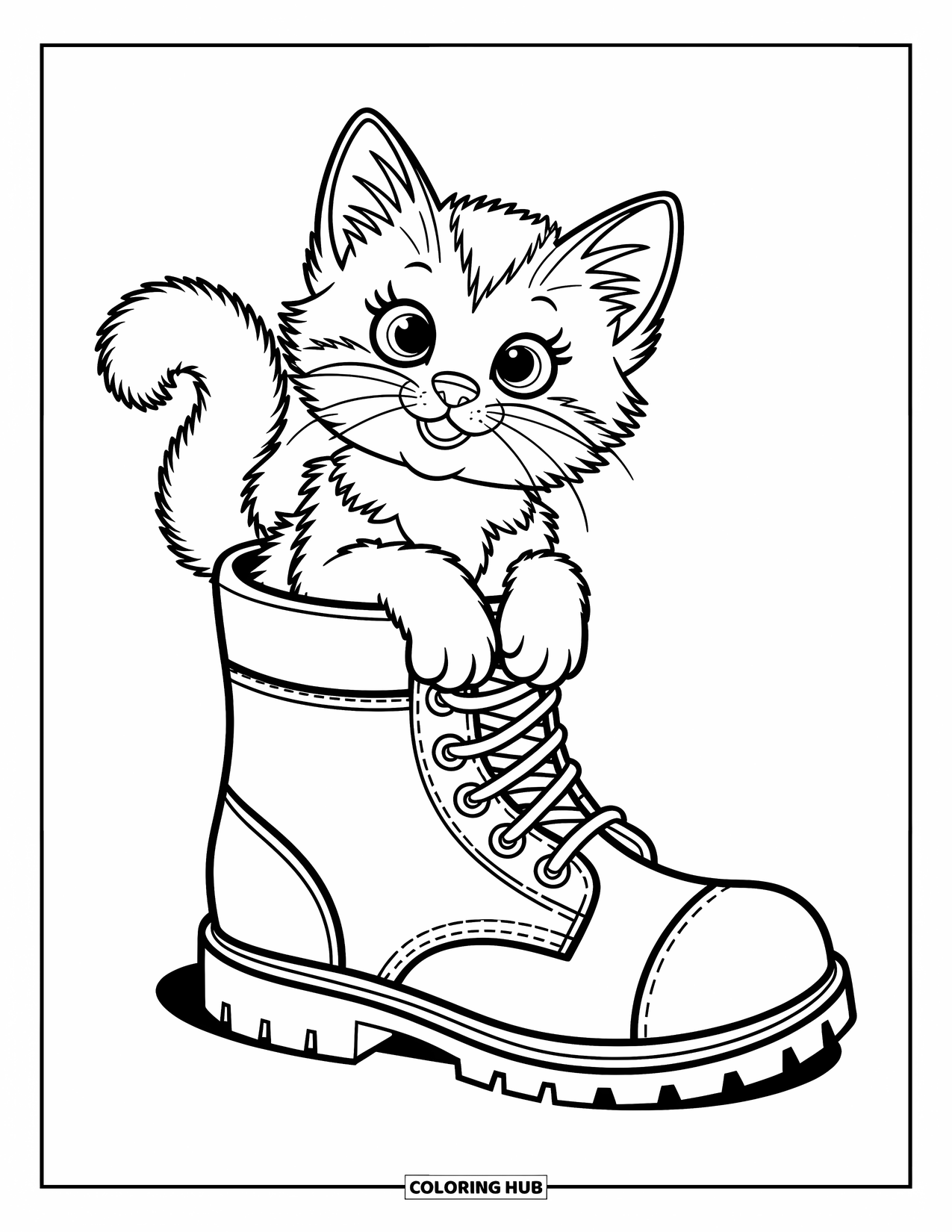 Kleurplaat Kat voor Kinderen: Een klein kitten zit in een grote laars en kijkt op met wijde, nieuwsgierige ogen