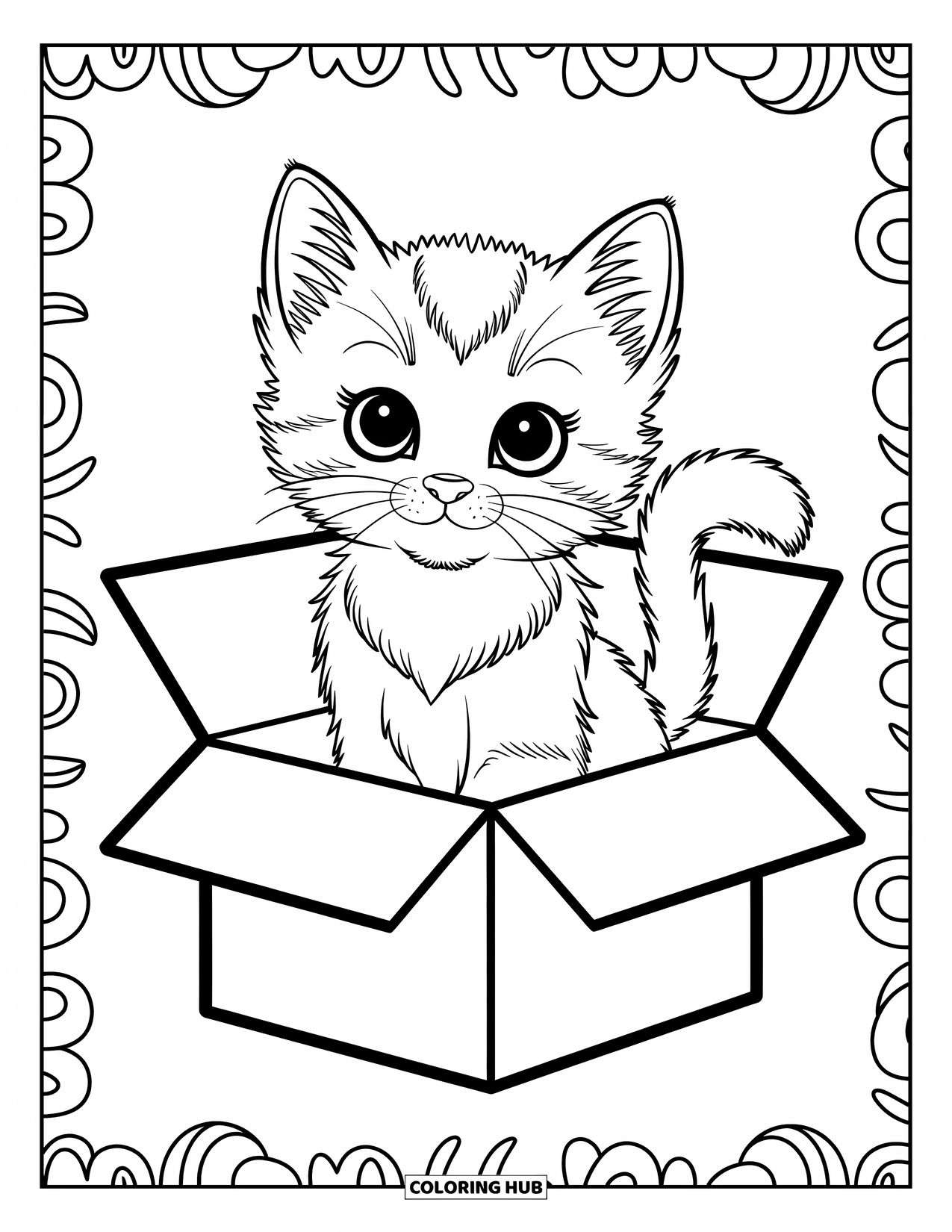 Kleurplaat Kat voor Kinderen: Een klein kitten zit in een doos en piept speels naar buiten met wijde, nieuwsgierige ogen