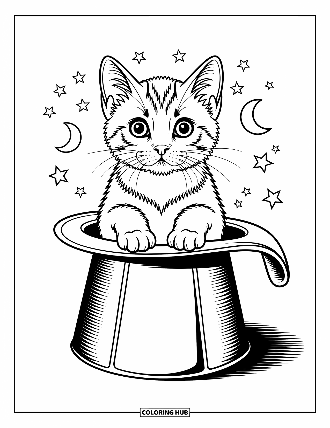 Kleurplaat Kat voor Kinderen: Een klein kitten zit in de hoed van een goochelaar, zijn wijde ogen vol verwondering en speelse nieuwsgierigheid