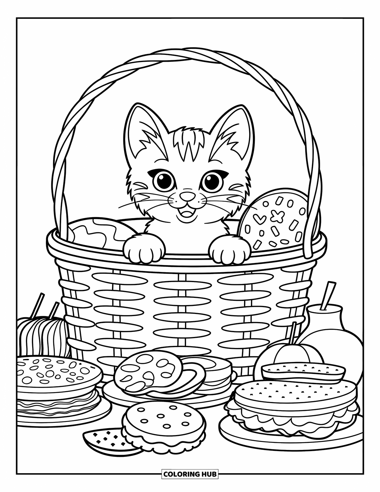 Kleurplaat Kat voor Kinderen: Een klein kitten zit in een picknickmand, omringd door eenvoudige snacks zoals sandwiches en fruit